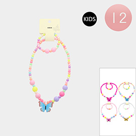 12 SET OF 2 - Butterfly Pendant Beaded Kids Bracelet Necklace Sets