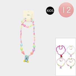 12 SET OF 2 - Teddy Bear Pendant Beaded Kids Bracelet Necklace Sets