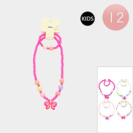 12 SET OF 2 - Butterfly Pendant Beaded Kids Bracelet Necklace Sets