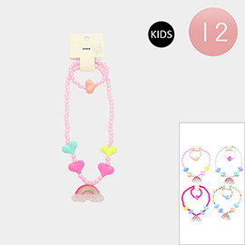 12 SET OF 2 - Rainbow Pendant Heart Pointed Beaded Kids Bracelet Necklace Sets