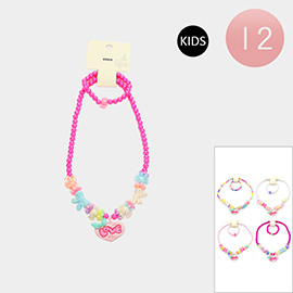 12 SET OF 2 - LOVE Message Heart Pendant Bow Pointed Beaded Kids Bracelet Necklace Sets