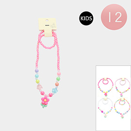 12 SET OF 2 - Flower Pendant Beaded Kids Bracelet Necklace Sets
