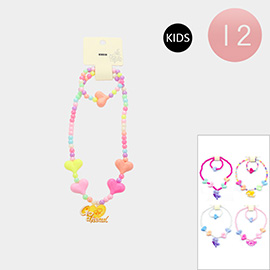 12 SET OF 2 - GO AHEAD CHEER UP Message Heart Pendant Beaded Kids Bracelet Necklace Sets