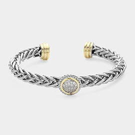 CZ Stone Paved Circle Pendant Pointed Textured Metal Cuff Bracelet