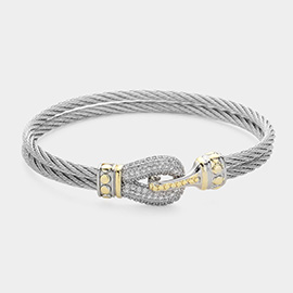 CZ Stone Paved Hook Pointed Layered Metal Rope Bangle Bracelet