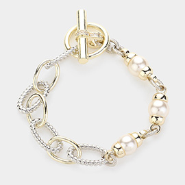 Pearl CZ Stone Pointed Two Tone Textured Metal Link Toggle Bracelet