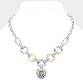Heart Stone Pointed Pendant Two Tone Textured Metal Link Toggle Necklace