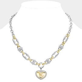 Two Tone Textured Metal Heart Pendant Necklace