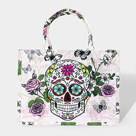 Sugar Skull Flower Printed Tote Bag