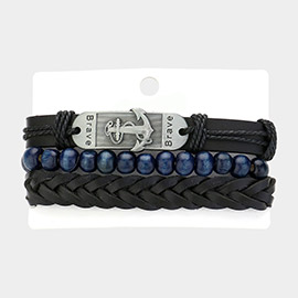 3PCS - Unisex Brave Message Anchor Plate Pointed Genuine Leather Was Rope Braided Bracelet Stone Stretch Bracelet Set