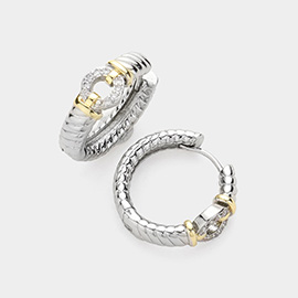 14K Gold Plated CZ Stone Paved Metal Rope Huggie Hoop Earrings