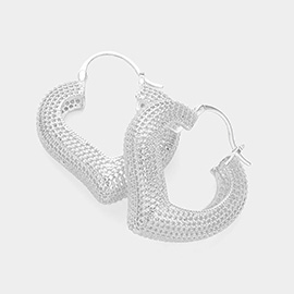 Textured Metal Heart Hoop Pin Catch Earrings