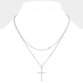 Stone Paved Cross Pendant Double Layered Necklace