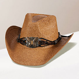 Butterfly Accented Faux Leather Band Straw Cowboy Hat