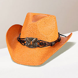 Butterfly Accented Faux Leather Band Straw Cowboy Hat