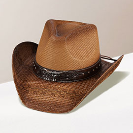 Steer Head Pointed Faux Leather Band Straw Cowboy Hat