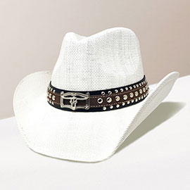 Steer Head Accented Faux Leather Band Straw Cowboy Hat