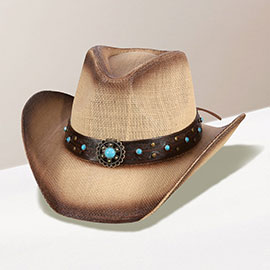Turquoise Stone Western Flower Pointed Faux Leather Straw Cowboy Hat