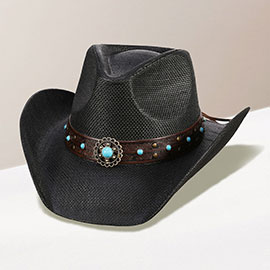 Turquoise Stone Western Flower Pointed Faux Leather Straw Cowboy Hat