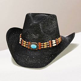 Oval Turquoise Stone Pointed Wood Beaded Straw Cowboy Hat