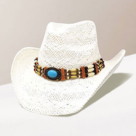Oval Turquoise Stone Pointed Wood Beaded Straw Cowboy Hat