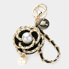 Pearl Pointed Faux Leather Braided Chain Deco Flower Key Chain