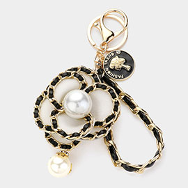Pearl Pointed Faux Leather Braided Chain Deco Flower Key Chain