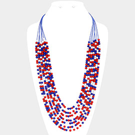 American USA Flag Colored Beaded Multi Layered Long Necklace