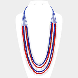 American USA Flag Colored Beaded Multi Layered Long Necklace