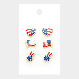 3PAIRS - American USA Flag Theme Enamel Stud Earrings Set