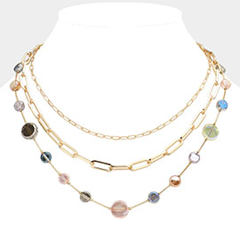 Faceted Clear Disc Beads Station Metal Paper Clip Link Chain Layered Necklace 