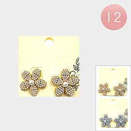 12PAIRS - Pearl Embellished Flower Stud Earrings