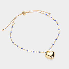 Metal Heart Charm Beads Station Pull Tie Cinch Bracelet