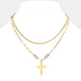 Metal Cross Pendant Double Layered Necklace
