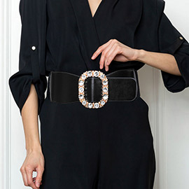 Round Stone Cluster Accented Buckle Elastic Belt