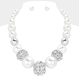 Stone Embellished Ball Pointed Pearl Statement Necklace
