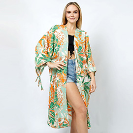 Tropical Print Kimono Poncho with Sleeves
