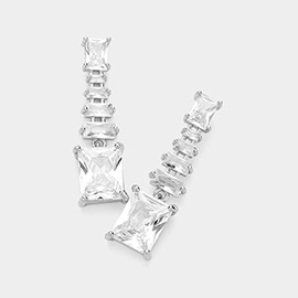 CZ Emerald Cut Stone Dangle Evening Earrings