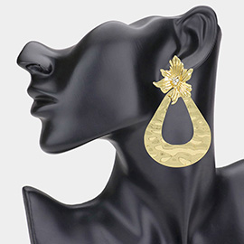 Flower Pointed Textured Open Teardrop Metal Dangle Earrings