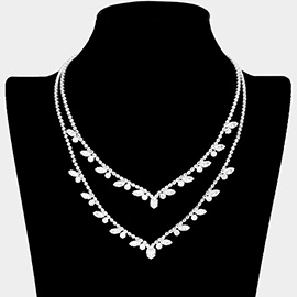 CZ Marquise Round Stone Pointed Rhinestone Paved Double Layered Necklace