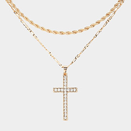 Stone Paved Cross Pendant Double Layered Necklace