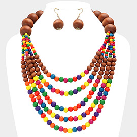 Wood Ball Beaded Multi Layered Statement Necklace