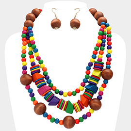 Wood Ball Beaded Triple Layered Statement Necklace