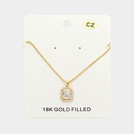 18K Gold Filled CZ Stone Square Pendant Necklace