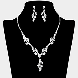 Marquise Stone Accented Flower Leaf Rhinestone Paved Necklace