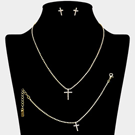 Rhinestone Paved Cross Pendant Necklace Jewelry Set