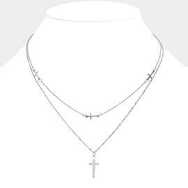 Stainless Steel Stone Paved Cross Pendant Double Layered Necklace