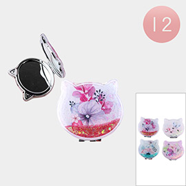 12PCS -Glittered Flower Printed Cat Shaped Cosmetic Mirrors