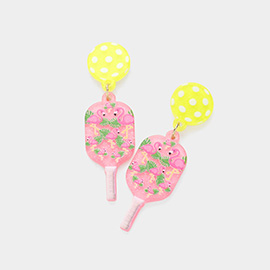 Resin Flamingo Printed Pickleball Racket Dangle Earrings