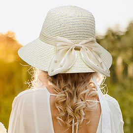 Pearl Pointed Bow Band Straw Sun Hat